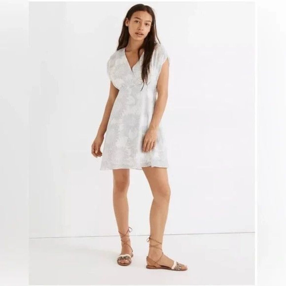 MADEWELL Crossover Silk Mini Dress in Sunflower Season 2 Blue White Lined NWT A4